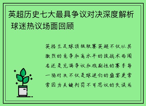 英超历史七大最具争议对决深度解析 球迷热议场面回顾